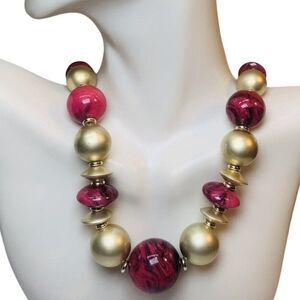 Vintage Graduated Gold Mauve Swirl Ball Beaded Disc Statement Necklace 19”